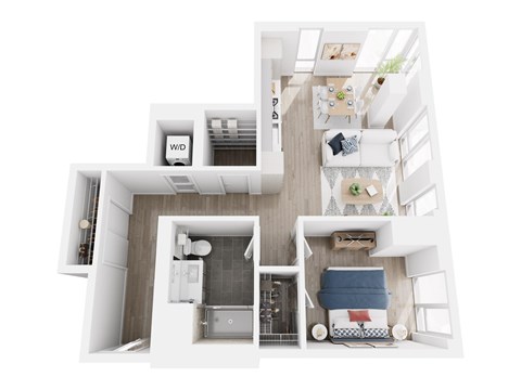 A top down view of a small apartment with a kitchen, living room, and bathroom.